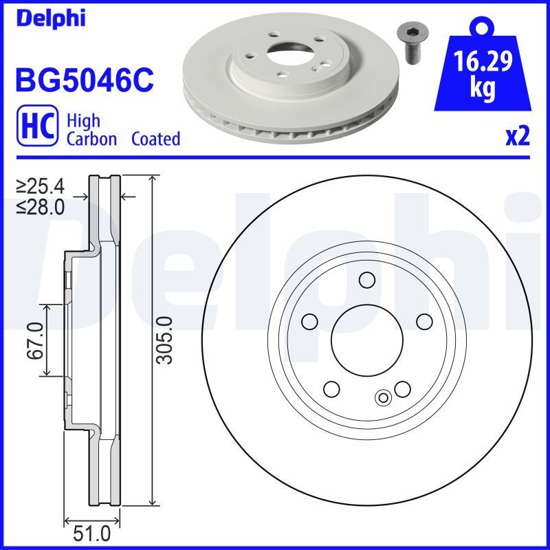 DELPHI Brake disc BG5046C DELPHI BG5046C Brake disc MERCEDES-BENZ GLA (H247) GLA 200 (247.787) 163 hp 2024