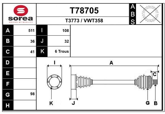 EAI Aandrijfas T78705 Skoda KAROQ Aandrijfas EAI T78705