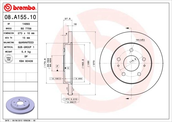 Disco de travão BREMBO 08.A155.10 BREMBO Prime 08.A155.10 Disco DAIHATSU TERIOS 2001