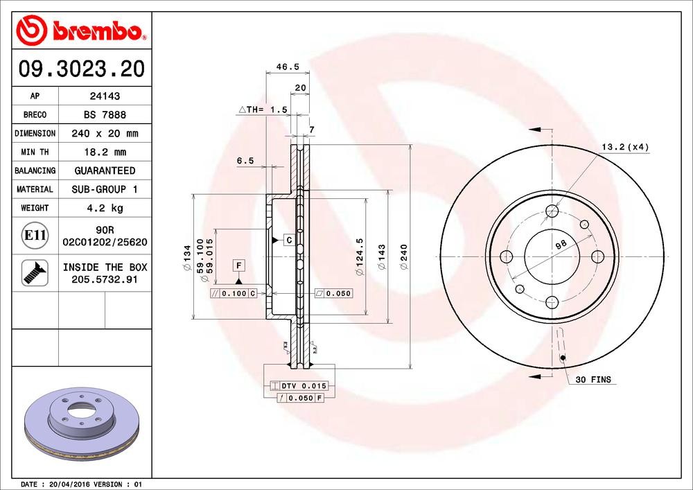 BREMBO Δισκόπλακα 09.3023.20 BREMBO 09.3023.20 Δισκόπλακα FIAT Uno Hatchback (146) 1.1 56 PS 1994