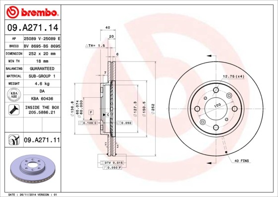 Bremsscheibe BREMBO 09.A271.14 BREMBO Prime 09.A271.14 SUZUKI SWIFT 2005 Bremsscheibe