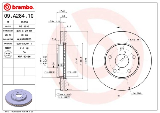 BREMBO Disque de frein 09.A284.10 BREMBO 09.A284.10 Disque de frein TOYOTA MR2 II Coupe (W20) 2.2 (SW21) 132 CV 1992