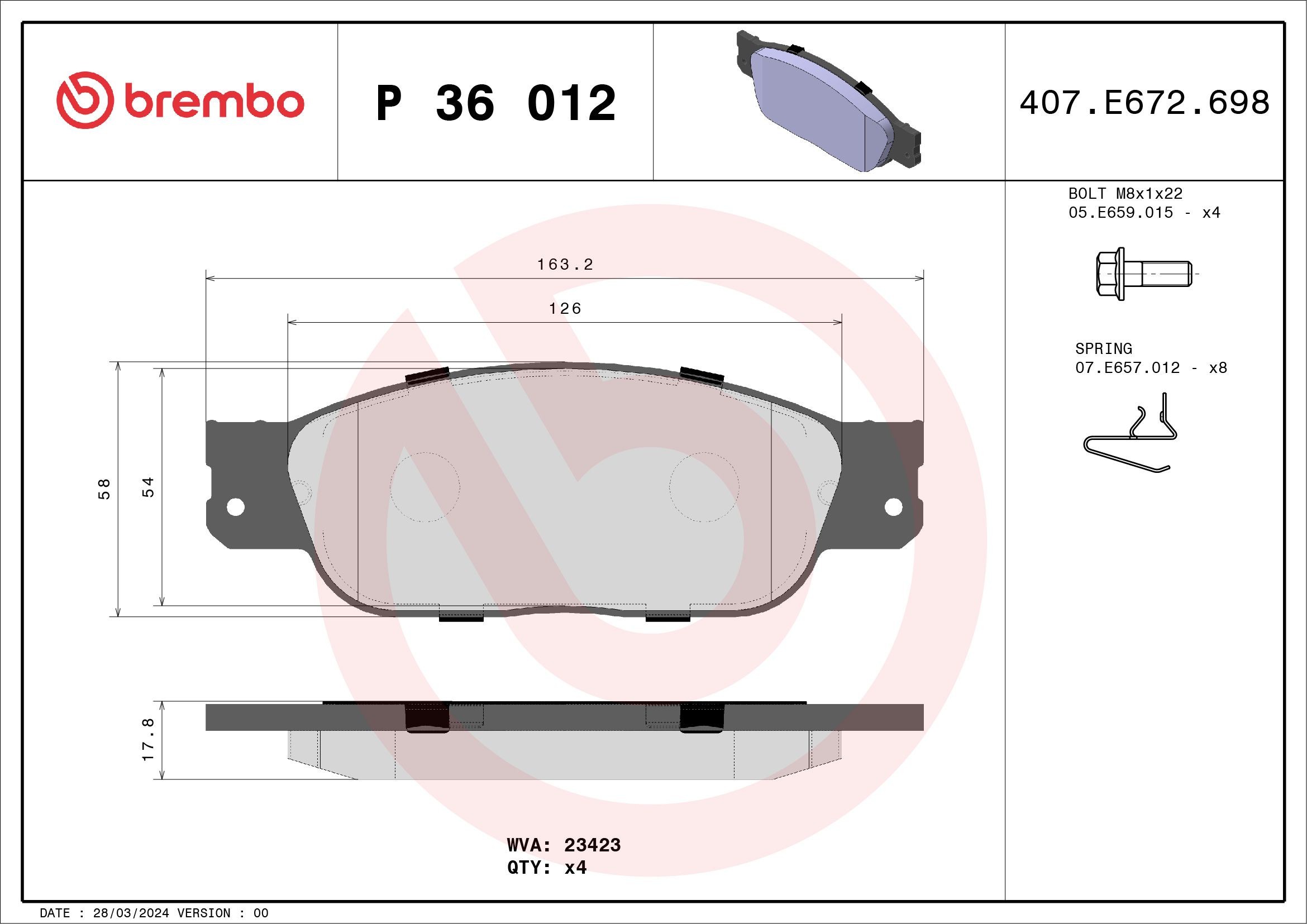 BREMBO Piduriklotsid P 36 012 BREMBO P 36 012 Piduriklotsid LINCOLN Town Car III 4.6 Flexfuel 242 hj 2009