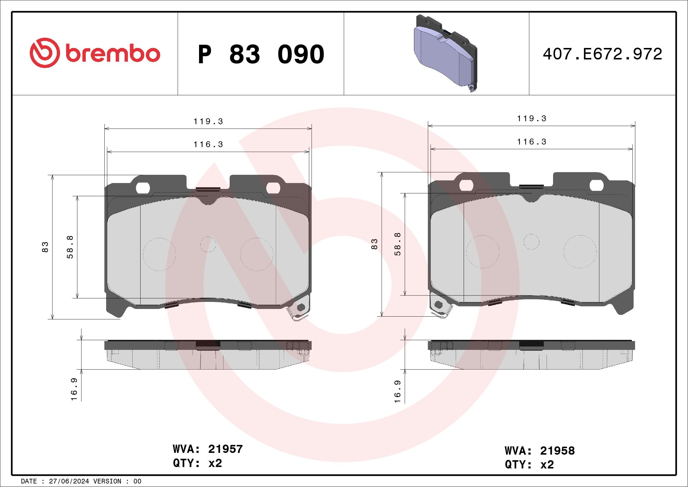 BREMBO Τακάκια φρένων P 83 090 Τακάκια φρένων BREMBO Toyota VERSO S Prime P 83 090