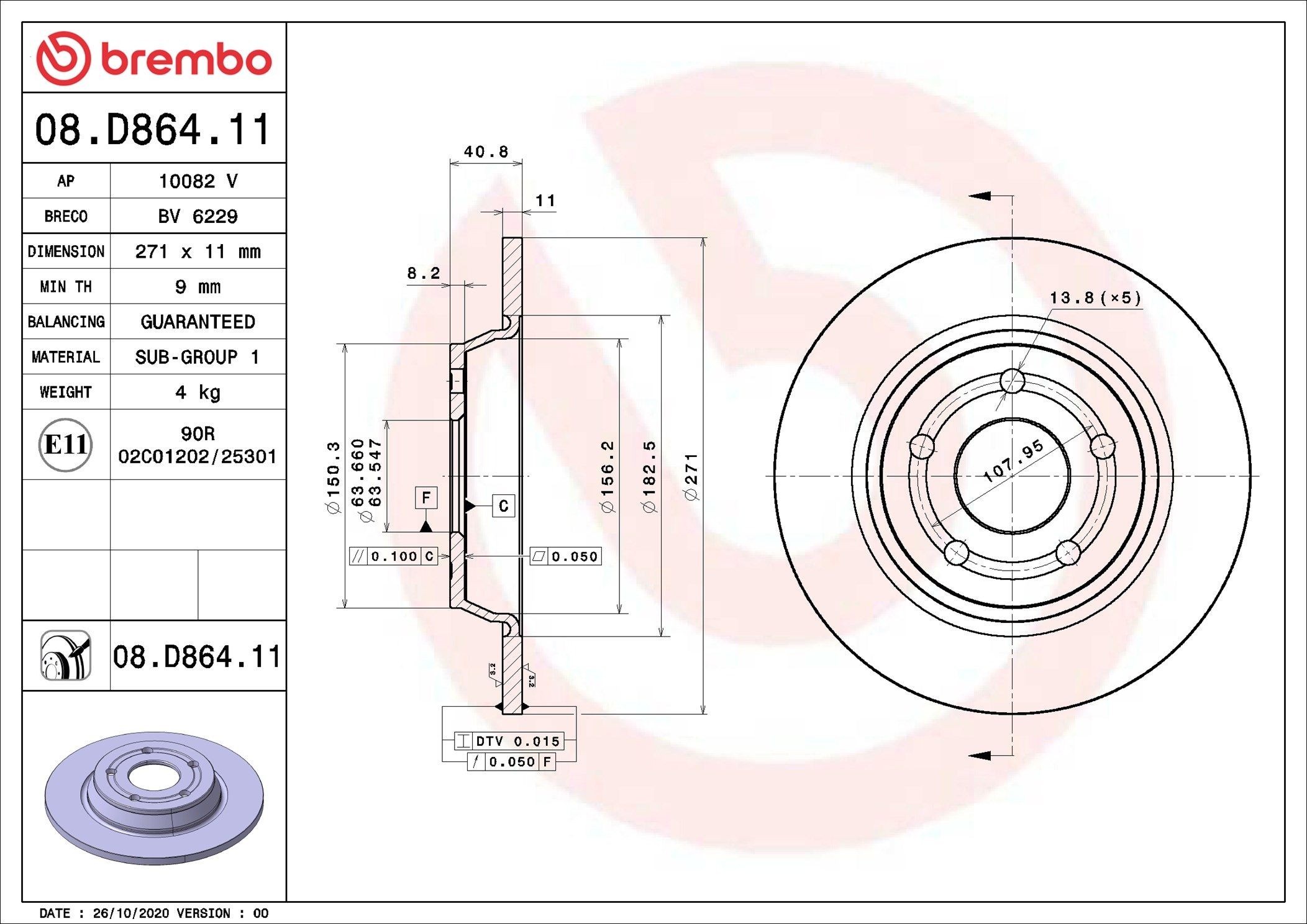 BREMBO Disco freno 08.D864.11 BREMBO 08.D864.11 Disco freno FORD Focus Mk4 Turnier (HP) 1.5 EcoBoost 150 CV 2022