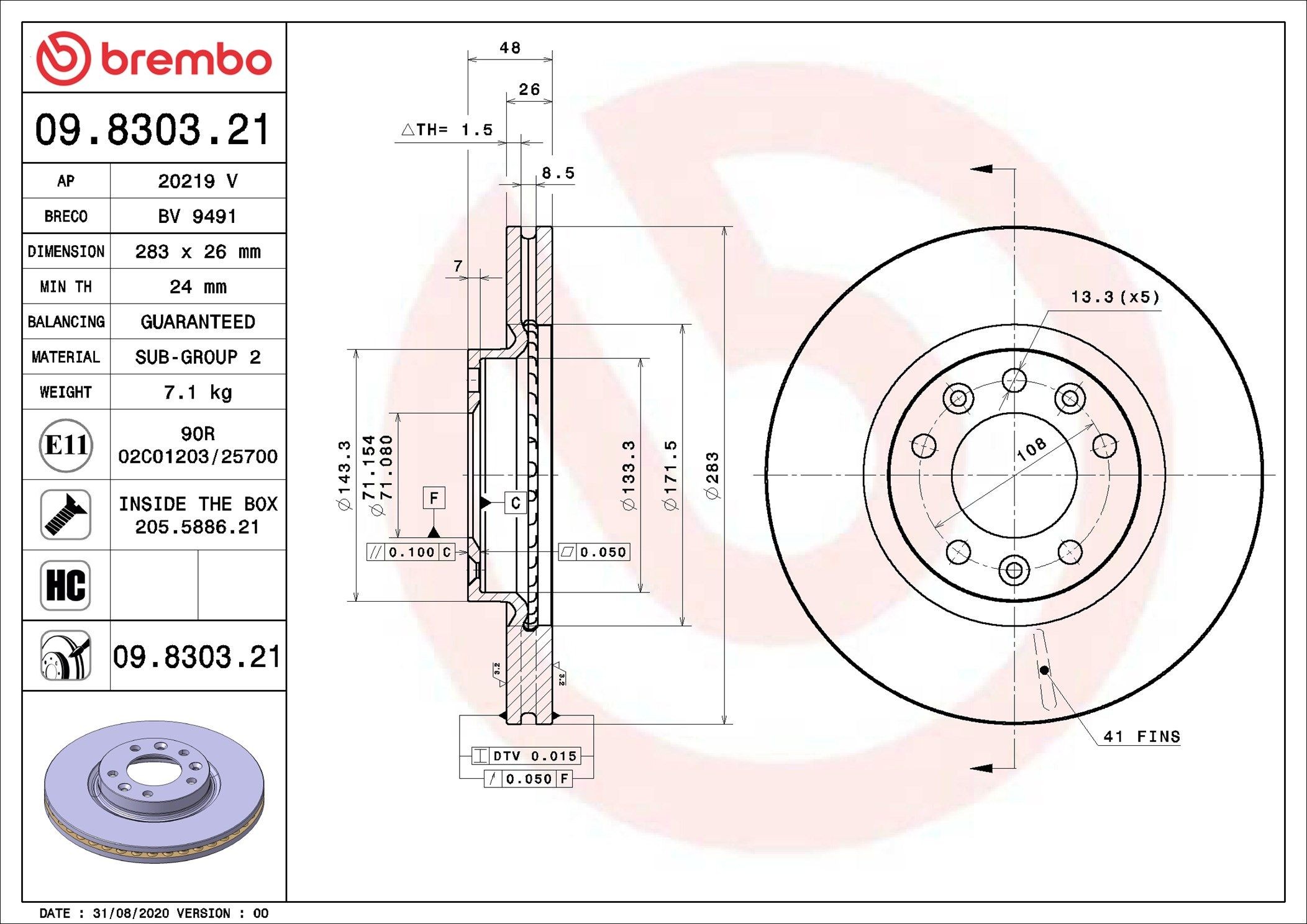 BREMBO Δισκόπλακα 09.8303.21 BREMBO 09.8303.21 Δίσκοι Partner k9 τιμες