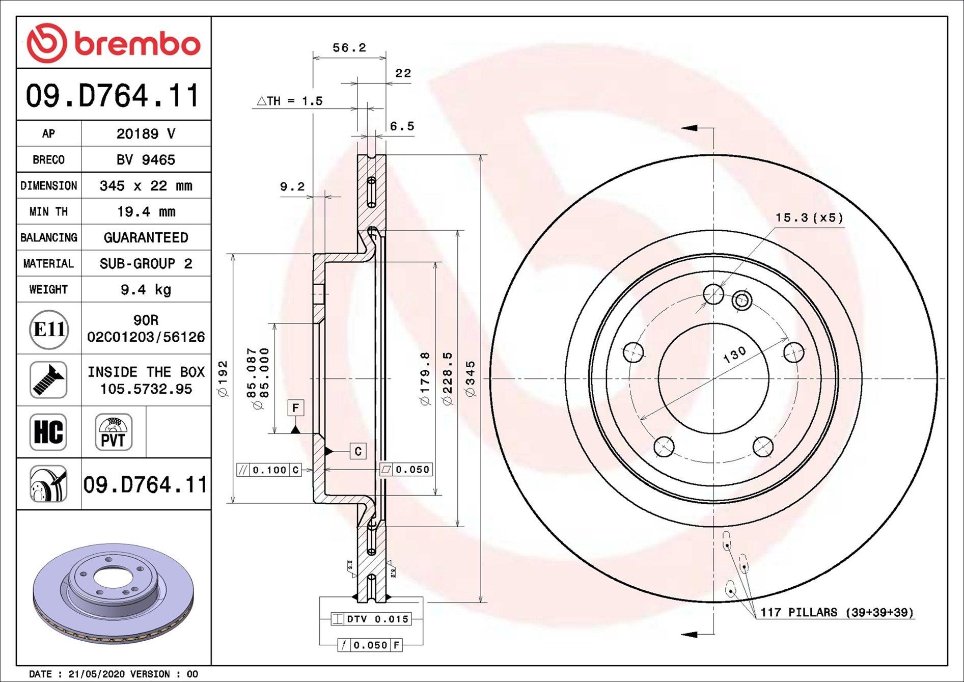 BREMBO Bromsskiva 09.D764.11 BREMBO 09.D764.11 Bromsskiva MERCEDES-BENZ G-klass (W463) AMG G 63 4x4² (463.280) 585 hk 2023
