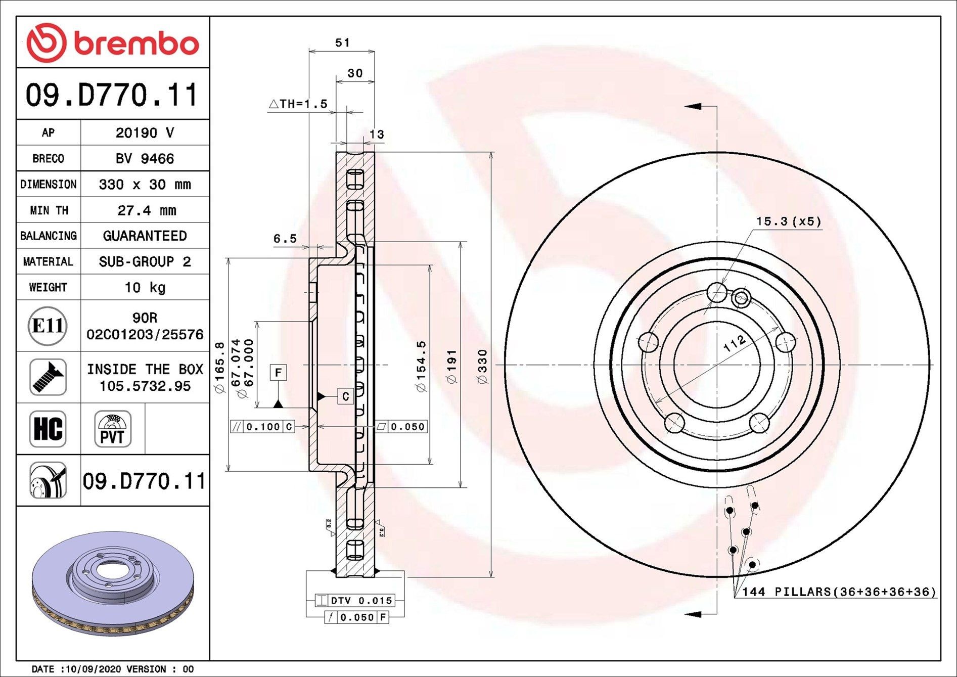 BREMBO Bremseskive 09.D770.11 BREMBO 09.D770.11 Bremseskive MERCEDES-BENZ B-klasse (W247) B 160 (247.082) 109 HK 2022