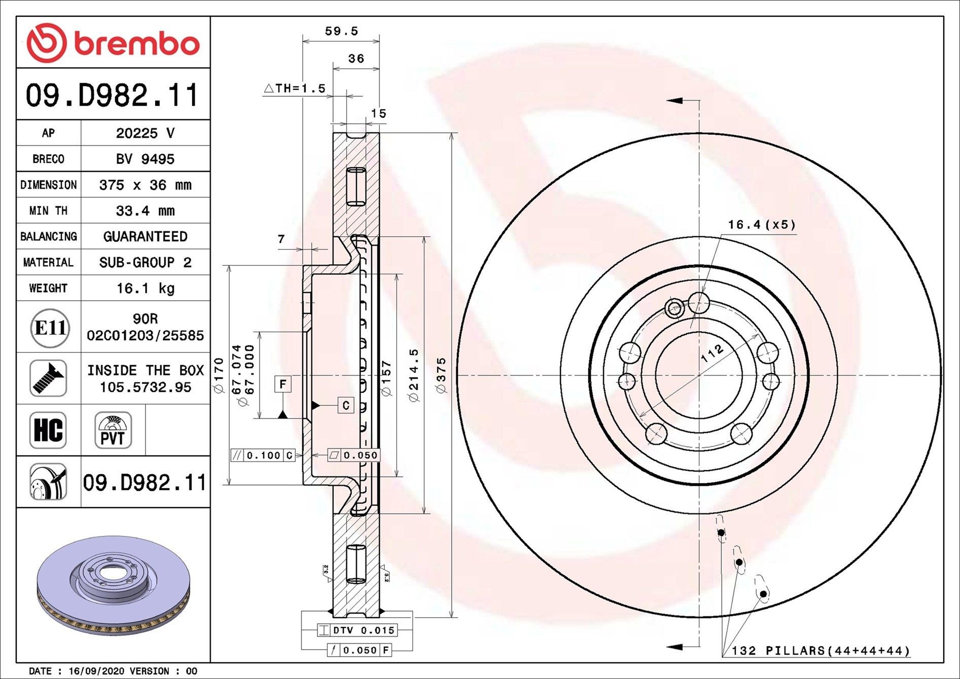 BREMBO Bremseskive 09.D982.11 BREMBO 09.D982.11 Bremseskive MERCEDES-BENZ GLS (X167) 350 d 4-matic (167.921) 286 hk 2022