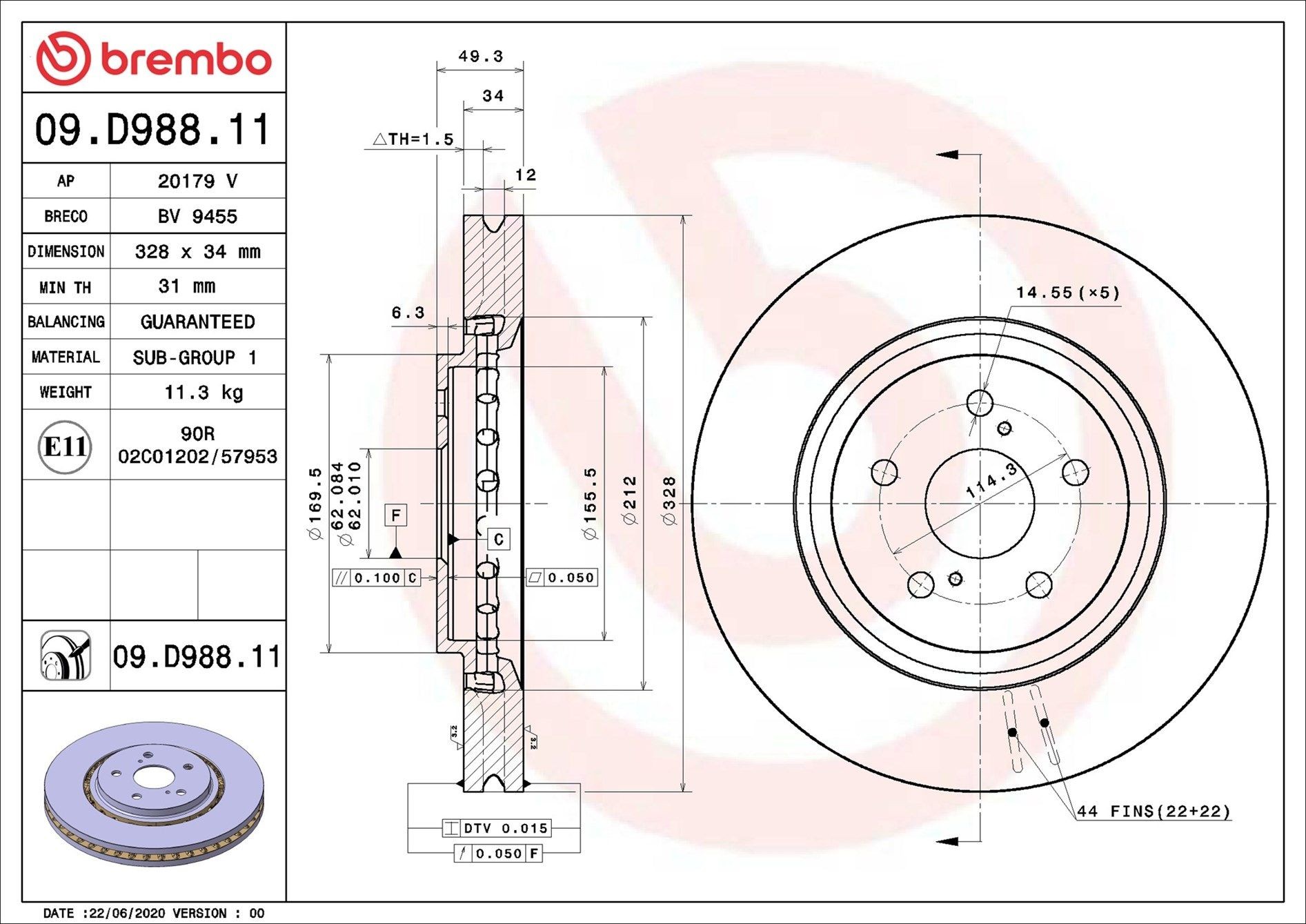BREMBO Brzdový kotouč 09.D988.11 BREMBO 09.D988.11 Brzdový kotouč TOYOTA RAV4 V (XA50) 2.5 VVTi AWD (AXAA54) 203 KS 2023