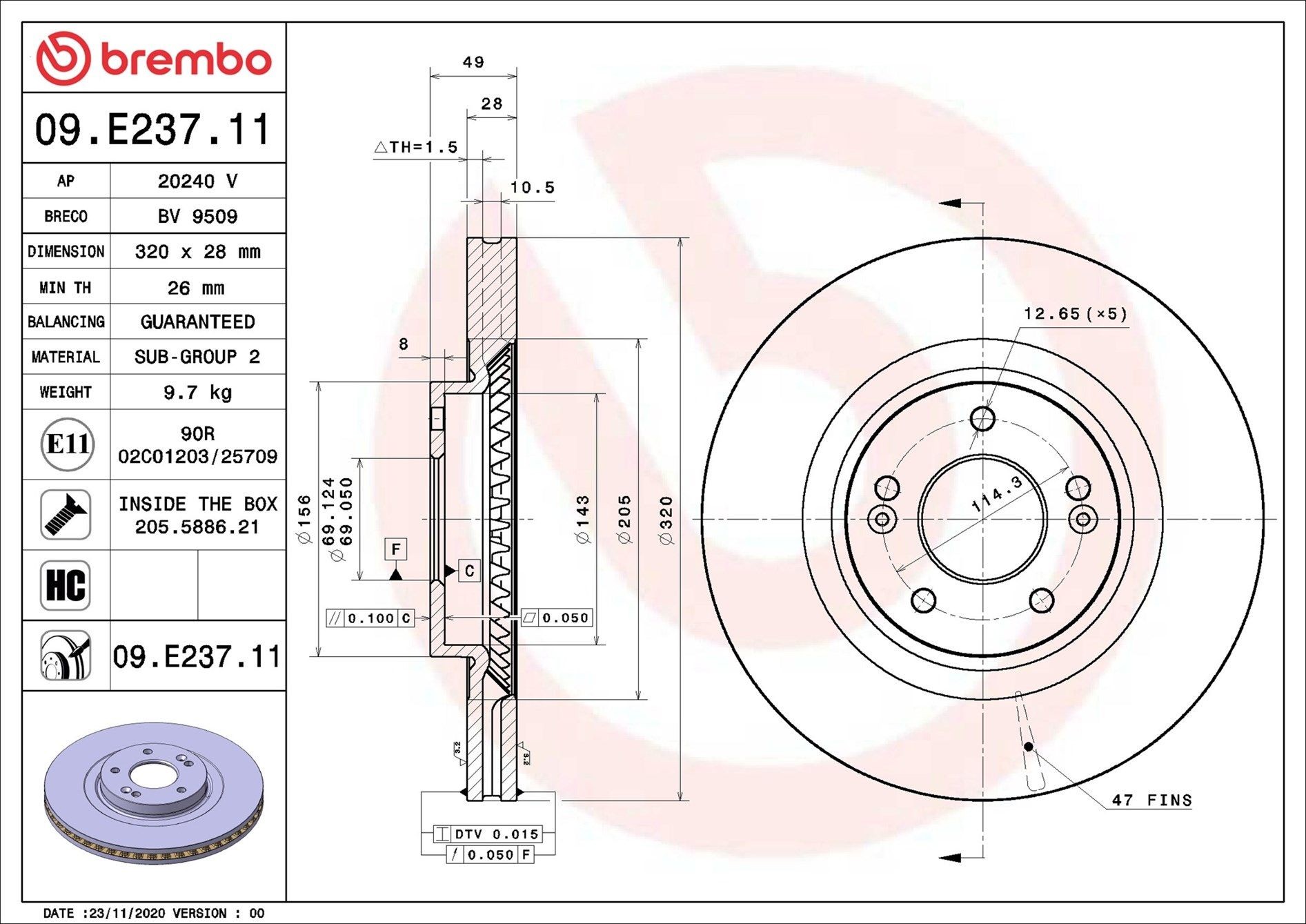 BREMBO Disque de frein 09.E237.11 BREMBO 09.E237.11 Disque de frein HYUNDAI Santa Fé IV (TM) 2.4 GDI 188 CV 2025