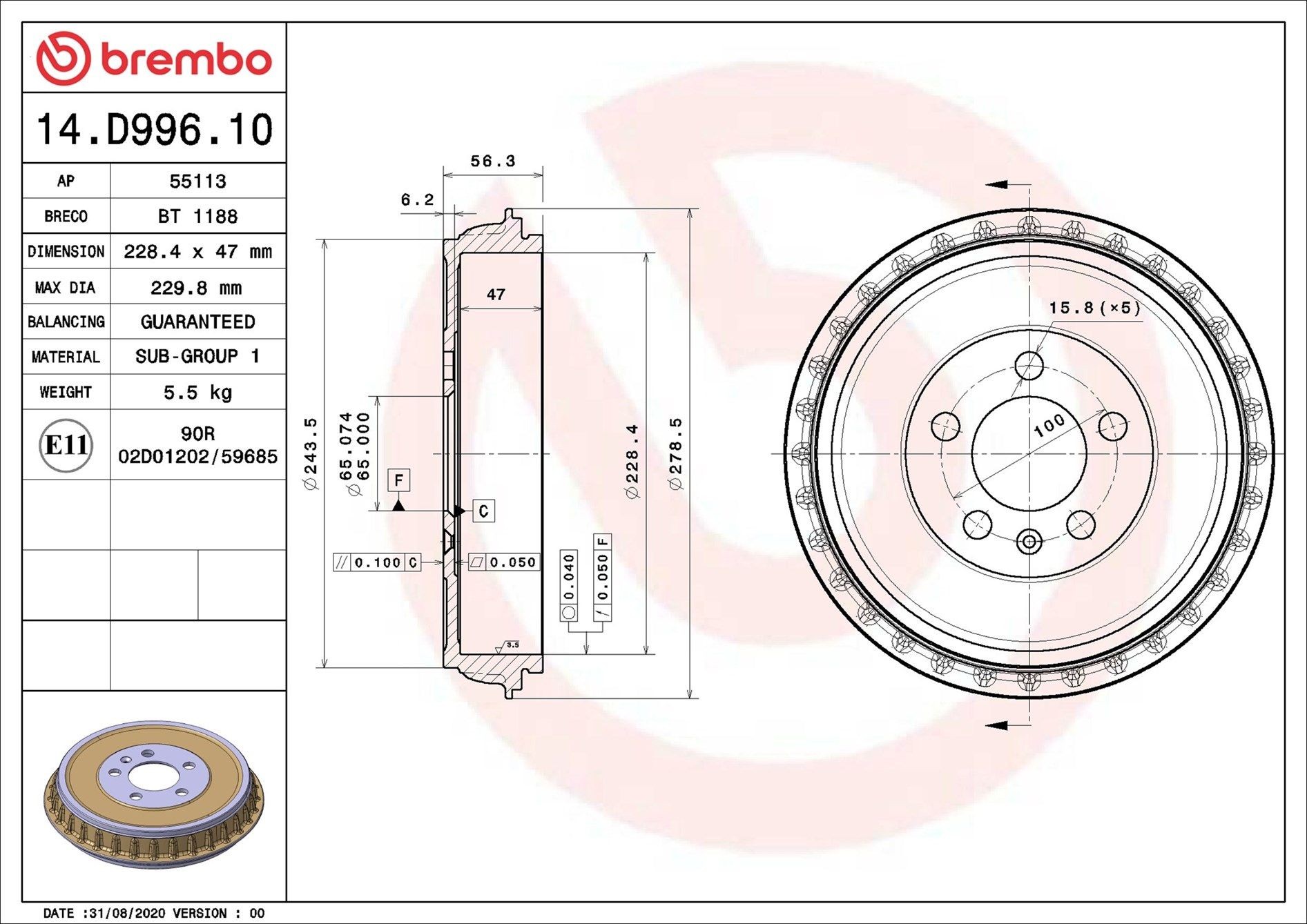 BREMBO Tambor de travão 14.D996.10 14.D996.10 Tambor de roda SKODA ROOMSTER BREMBO