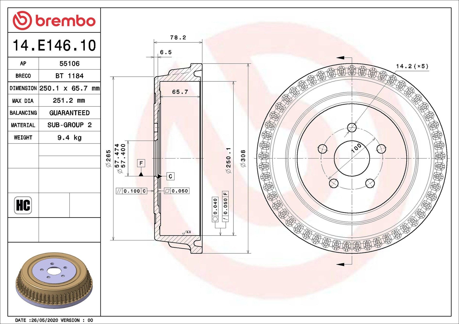 BREMBO Brzdový bubon 14.E146.10 BREMBO 14.E146.10 originálne Brzdový bubon Dodge Caliber SRT4 cena