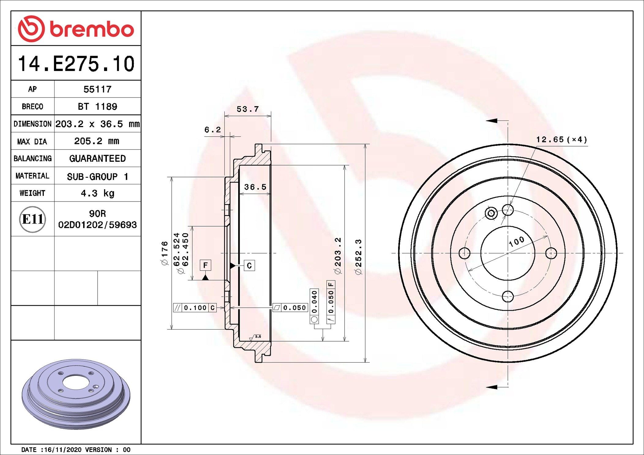 Bremsetromle BREMBO 14.E275.10 BREMBO 14.E275.10 Bremsetromler HYUNDAI ACCENT 2011