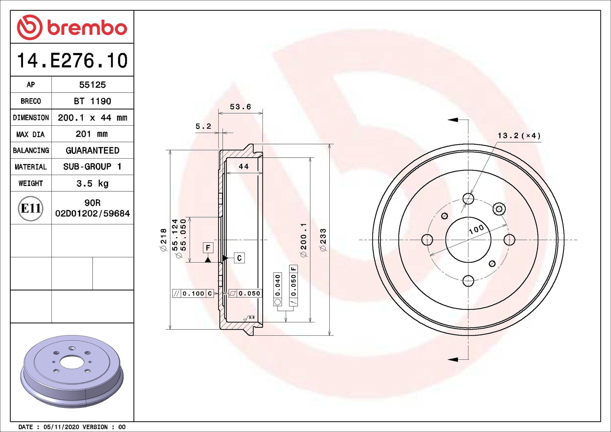 BREMBO Bremsetromle 14.E276.10 14.E276.10 Bremsetromler VOLVO AMAZON BREMBO