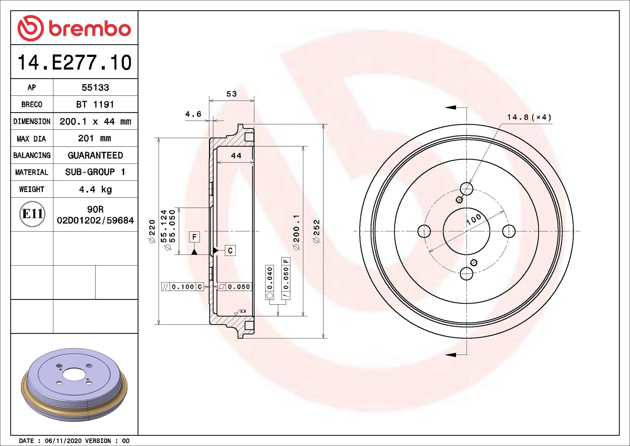 BREMBO Bremžu trumulis 14.E277.10 Bremžu trumuļi BREMBO RAV 4 14.E277.10 lēti