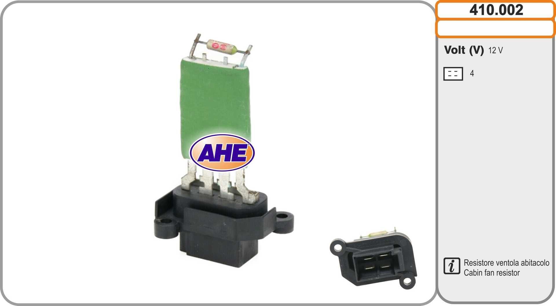 AHE Formodstand, kølerblæser-elmotor 410.002 410.002 Modstand kabineventilator FORD TRANSIT AHE
