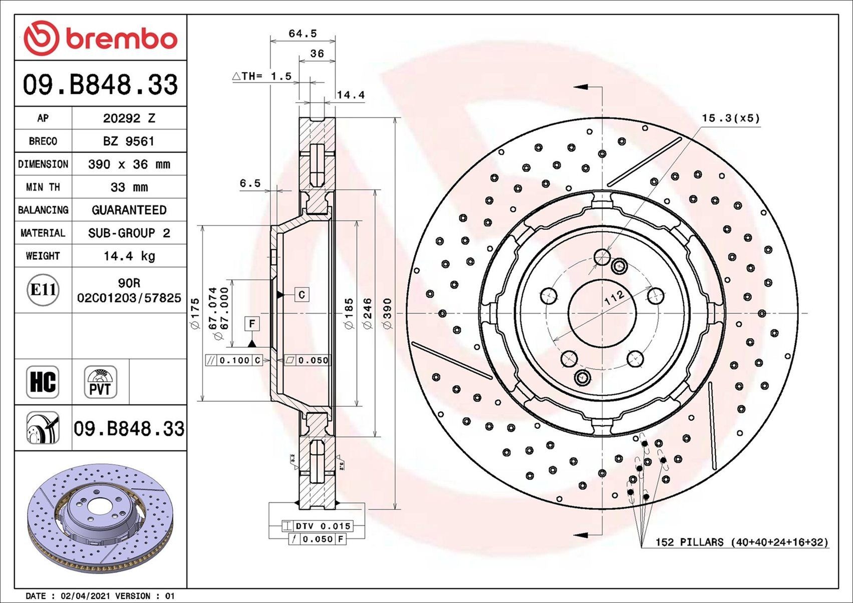 Bremžu diski BREMBO 09.B848.33 BREMBO Prime 09.B848.33 Diski priekšējie un aizmugurējie Mercedes-Benz E Klase 2021
