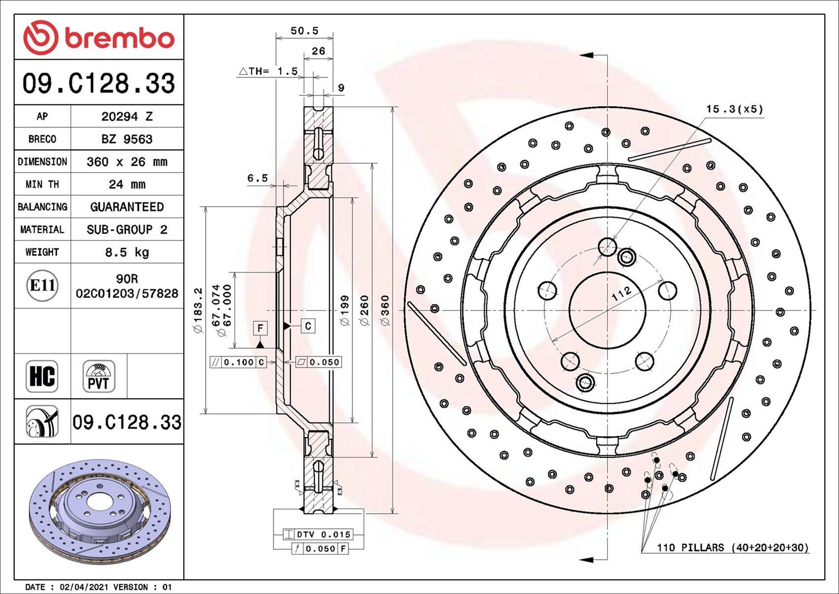 BREMBO Jarrulevy 09.C128.33 BREMBO 09.C128.33 Jarrulevy MERCEDES-BENZ E-sarja Sedan (W213) 2.0 E 220 d 4-matic (213.005) 200 hv 2025