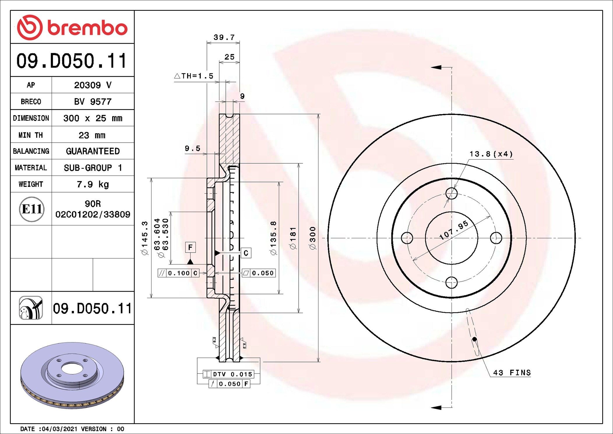 BREMBO Brzdový kotouč 09.D050.11 BREMBO 09.D050.11 Brzdový kotouč FORD Ecosport Mk2 1.5 TDCi EcoBlue 4x4 125 KS 2018