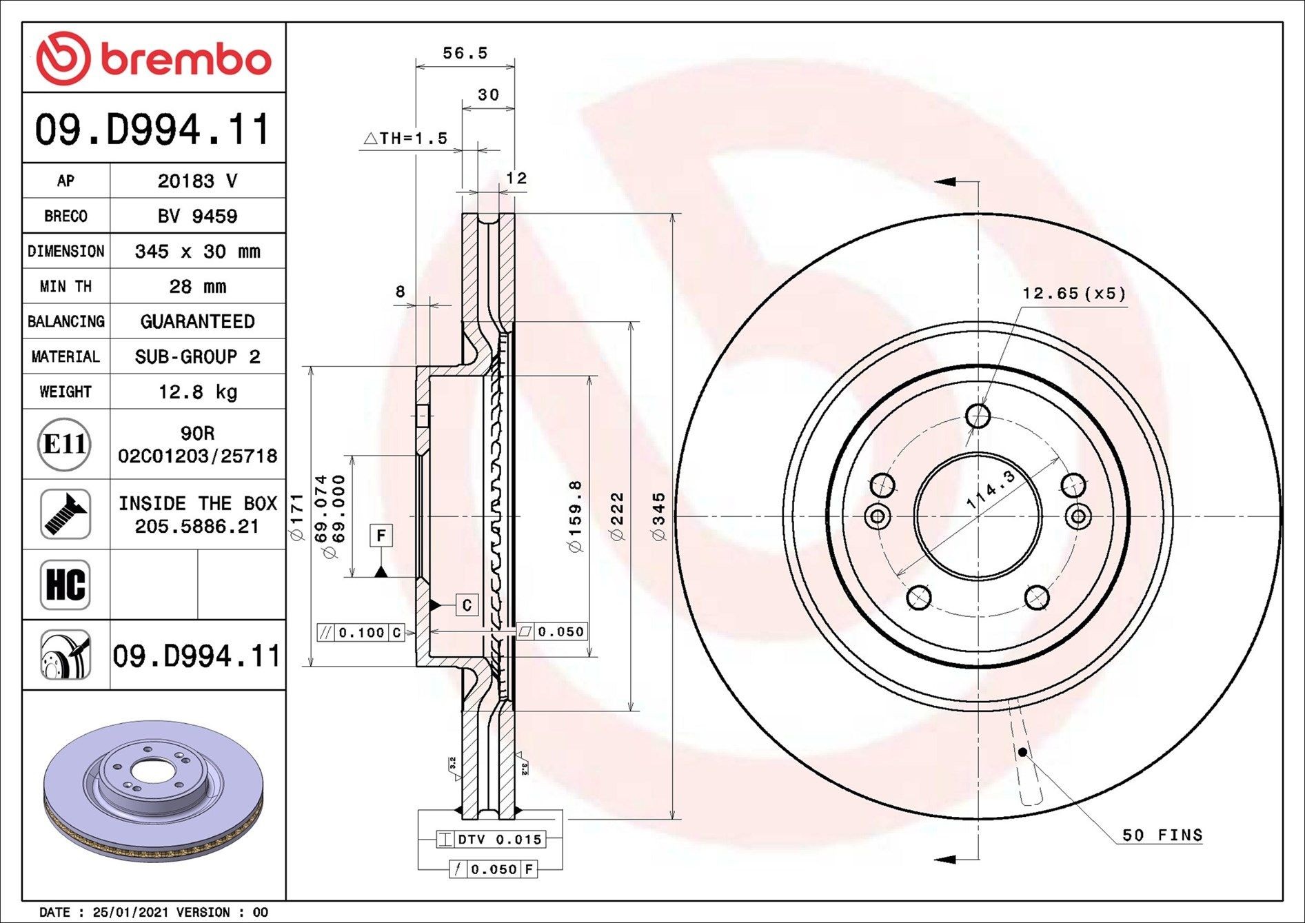 BREMBO Bremžu diski 09.D994.11 BREMBO 09.D994.11 Bremžu diski KIA Stinger Hatchback (CK) 2.2 CRDi VGT 4WD 202 ZS 2023
