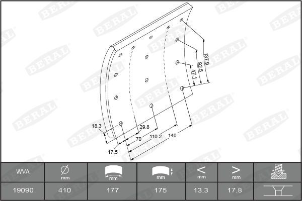 BERAL Piduriklotsi komplekt, trummelpidur KBL19090.0-1550 BERAL Trummelpidur Volkswagen KBL19090.0-1550