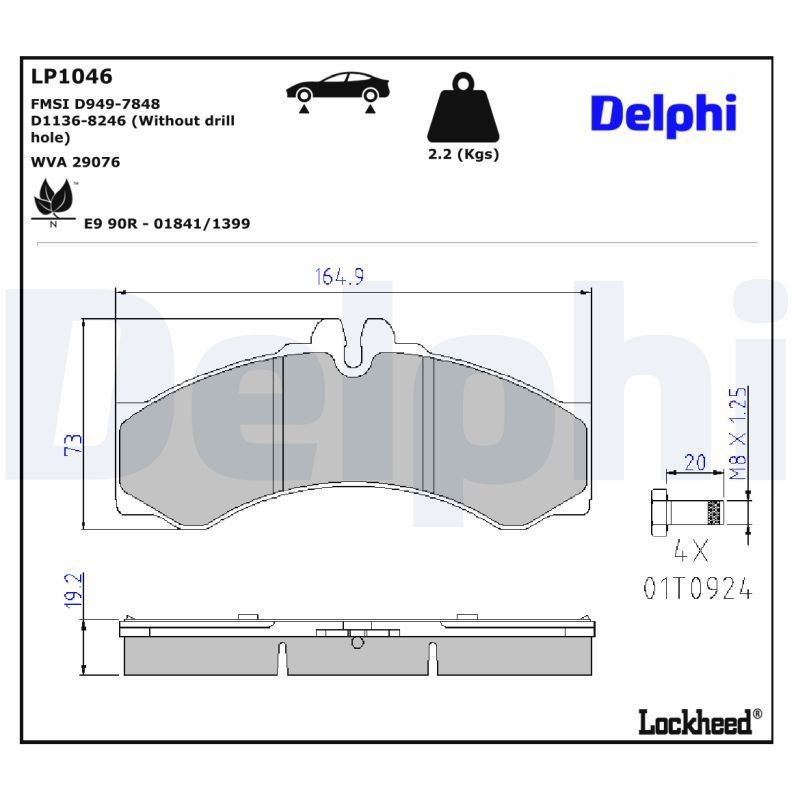 DELPHI Piduriklotsid LP1046 DELPHI LP1046 Piduriklotsid MERCEDES-BENZ Vario Avatava Veoauto / Šassii 613 D, 614 D (668.321, 668.322, 668.323) 136 hj 2004