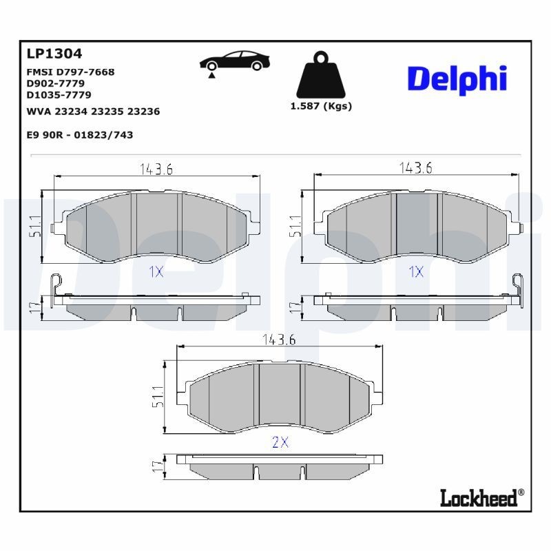 DELPHI Kit pastiglie freni LP1304 DELPHI LP1304 Kit pastiglie freni DAEWOO Leganza Sedan (V100) 2.0 16V 126 CV 2003