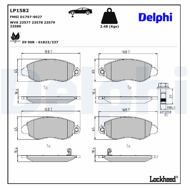 DELPHI Piduriklotsid LP1582 DELPHI LP1582 Piduriklotsid FORD Transit Mk5 Minibus (V184, V185) 2.4 DI (F_B_, F_C_, F_A_) 90 hj 2005