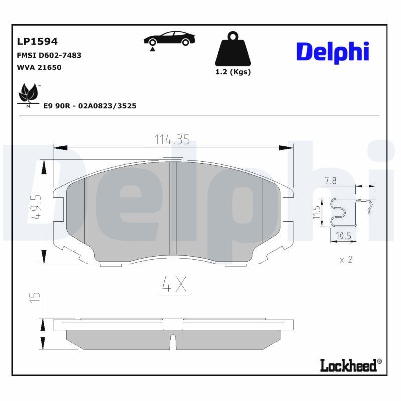 DELPHI Bremseklosser LP1594 DELPHI LP1594 Bremseklosser MITSUBISHI Galant VI Hatchback (E30) 2.0 GTI 16V (E39A, E38A, E33A) 146 hk 1992