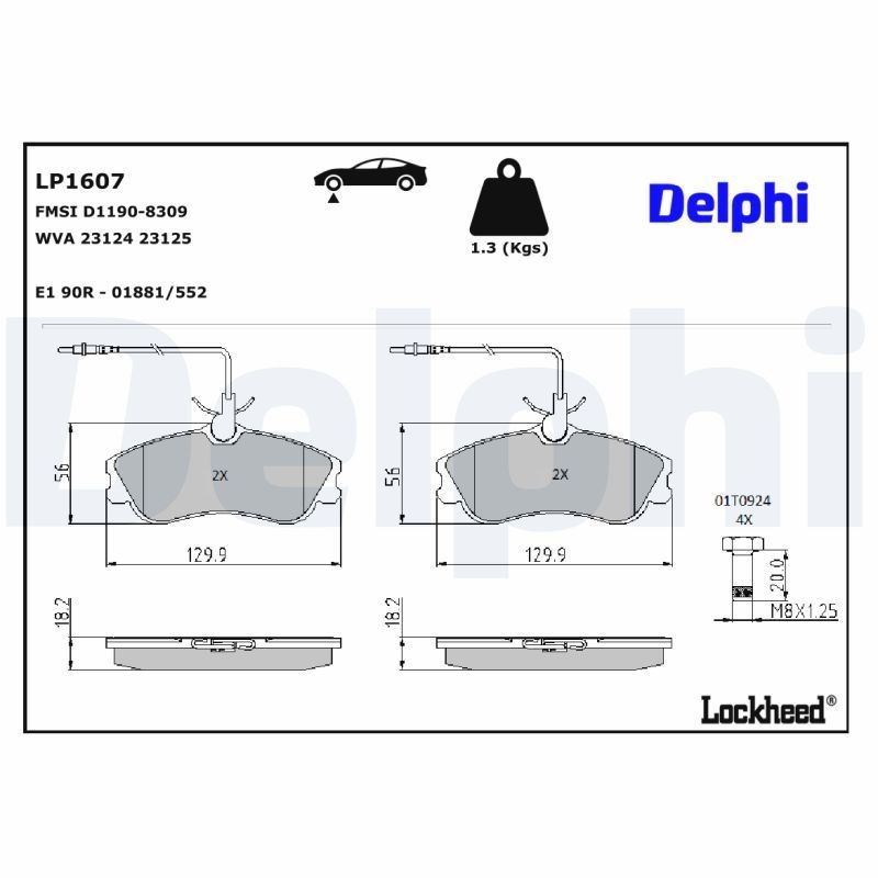 DELPHI Kit pastiglie freni LP1607 DELPHI LP1607 Kit pastiglie freni PEUGEOT 406 Station Wagon 1.8 16V 110 CV 1999