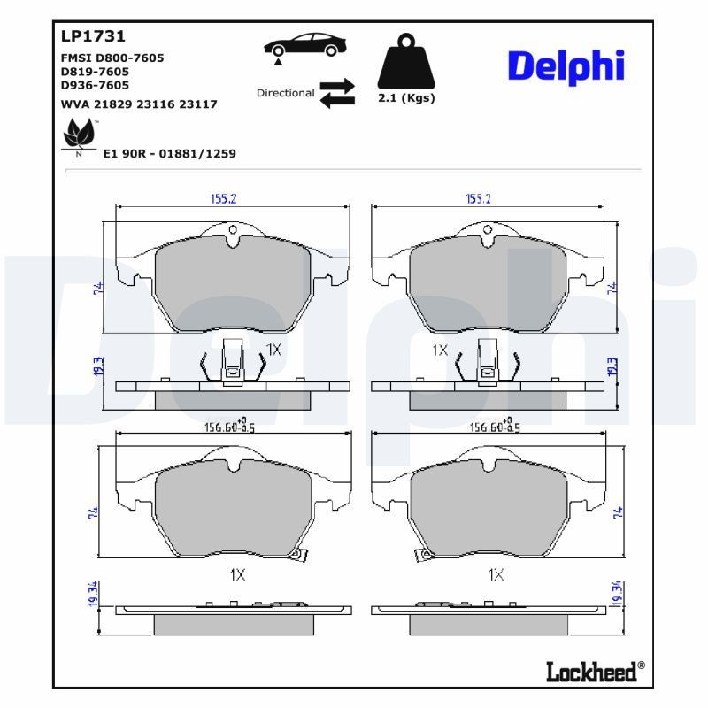Bromsbelägg DELPHI LP1731 DELPHI LP1731: Bromsbeläggsats Saab 9-3 2001