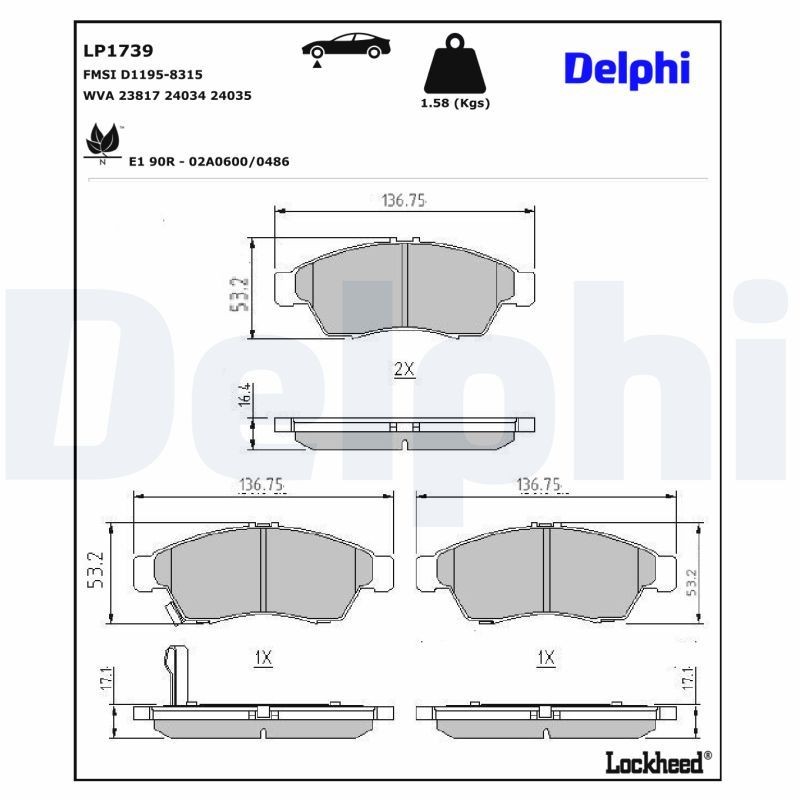 DELPHI Bromsbelägg LP1739 DELPHI LP1739 Bromsbelägg SUZUKI Liana Hatchback 2.3 158 hk 2005