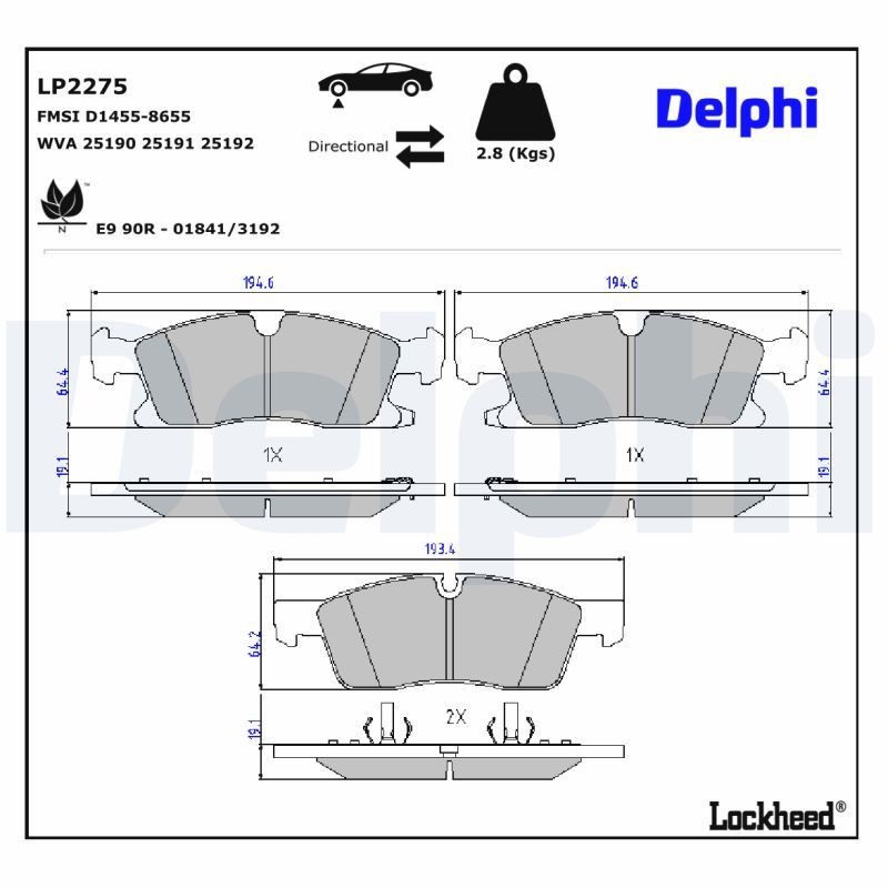 DELPHI Plaquettes de frein LP2275 DELPHI LP2275 Plaquettes de frein DODGE Durango (HB) 4.7 4WD 307 CV 2008