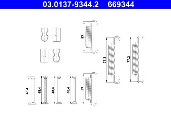 ATE Monteringssats för bromsbackar (parkeringsbroms) 03.0137-9344.2 ATE 03.0137-9344.2 Monteringssats bromsbackar Peugeot 206 kostand