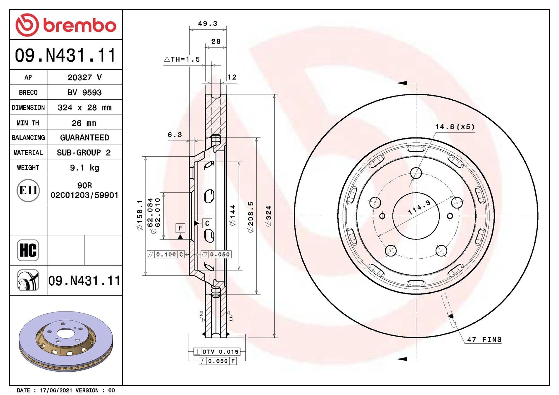 BREMBO Brzdový kotouč 09.N431.11 BREMBO 09.N431.11 Brzdový kotouč TOYOTA Venza (_V1_) 2.7 4WD (AGV15_) 185 KS 2008