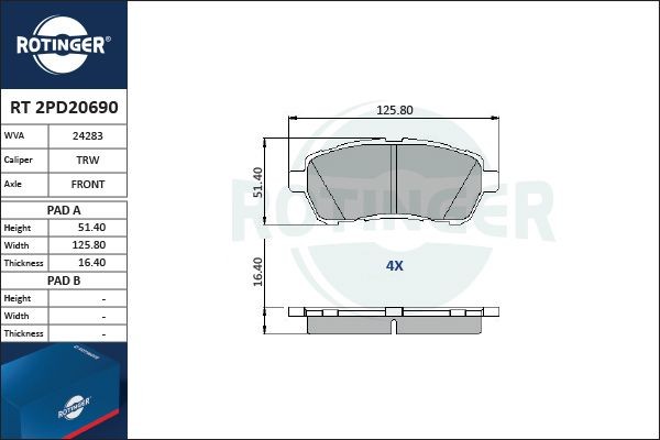 ROTINGER Kit pastiglie freni RT 2PD20690 RT 2PD20690 costo Pastiglie dei freni ROTINGER SUBARU TRIBECA