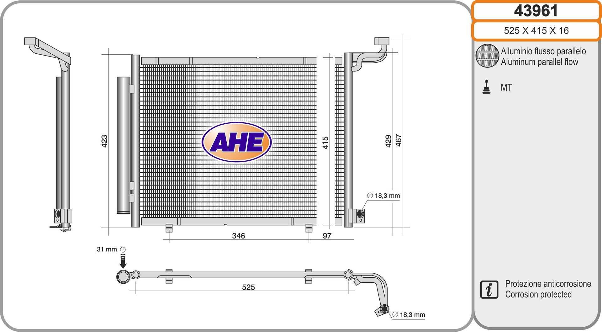 AHE Kondensor, klimatanläggning 43961 43961 AHE ac-kondensor FORD TOURNEO CONNECT