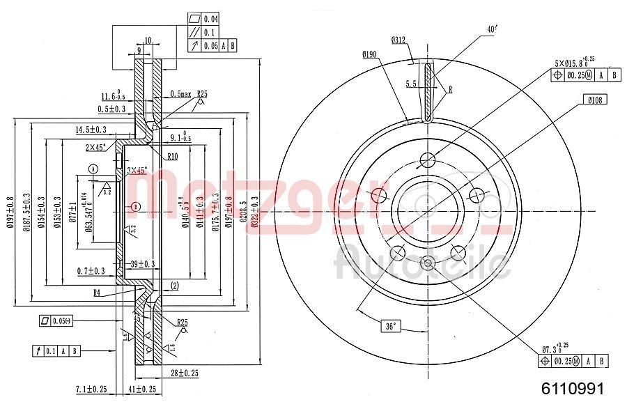 METZGER Brzdový kotouč 6110991 6110991 Brzdové kotúče METZGER VOLVO XC70