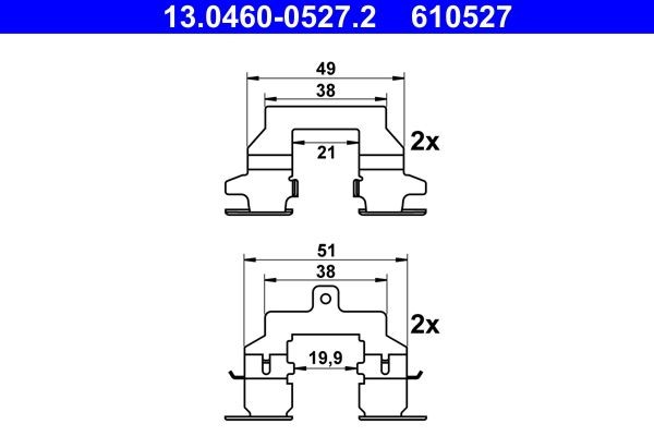 ATE Kit de acessórios, pastilhas de travão 13.0460-0527.2 Kit de acessórios, pastilhas de travão ATE Renault FLUENCE 13.0460-0527.2