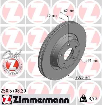 ZIMMERMANN Bremseskive 250.5708.20 ZIMMERMANN 250.5708.20 Bremseskive FORD USA Mustang Mk6 Cabrio 2.3 EcoBoost 309 hk 2021