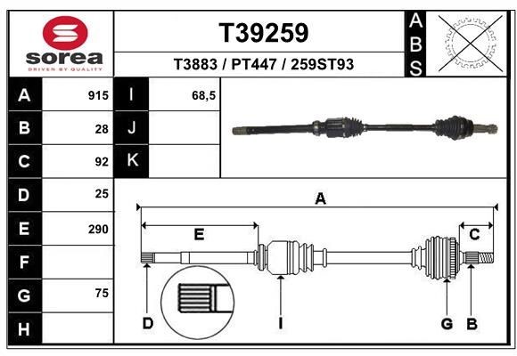 EAI Arbre de transmission T39259 Peugeot 806 Cardan de transmission EAI T39259