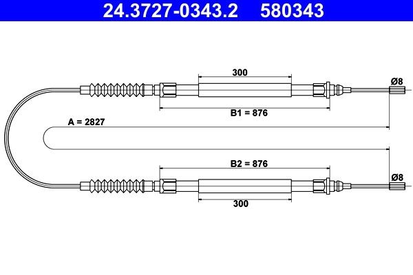 ATE Tross, seisupidur 24.3727-0343.2 Käsijarru vaijeri ATE Fiat GRANDE PUNTO 24.3727-0343.2