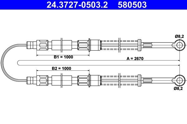 ATE Håndbremsekabel 24.3727-0503.2 24.3727-0503.2 Håndbremse FIAT SEICENTO ATE