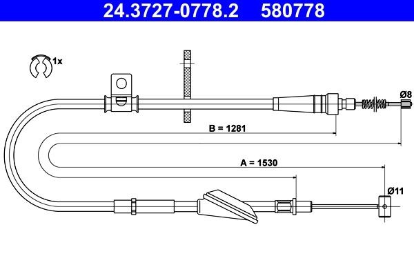 Câble de frein à main ATE 24.3727-0778.2 ATE 24.3727-0778.2: Tirette à câble frein de stationnement Opel AGILA 2004
