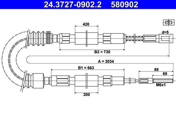 ATE Tautrekk, håndbremse 24.3727-0902.2 24.3727-0902.2 Bremsewire PORSCHE 911 ATE