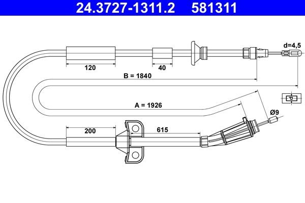 ATE Ντίζα, φρένο ακινητοποίησης 24.3727-1311.2 24.3727-1311.2 Ντίζα χειροφρένου VOLVO P1800 ATE