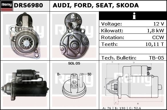 DELCO REMY Käynnistysmoottori DRS6980 DRS6980 DELCO REMY Starttimoottori SEAT ALTEA