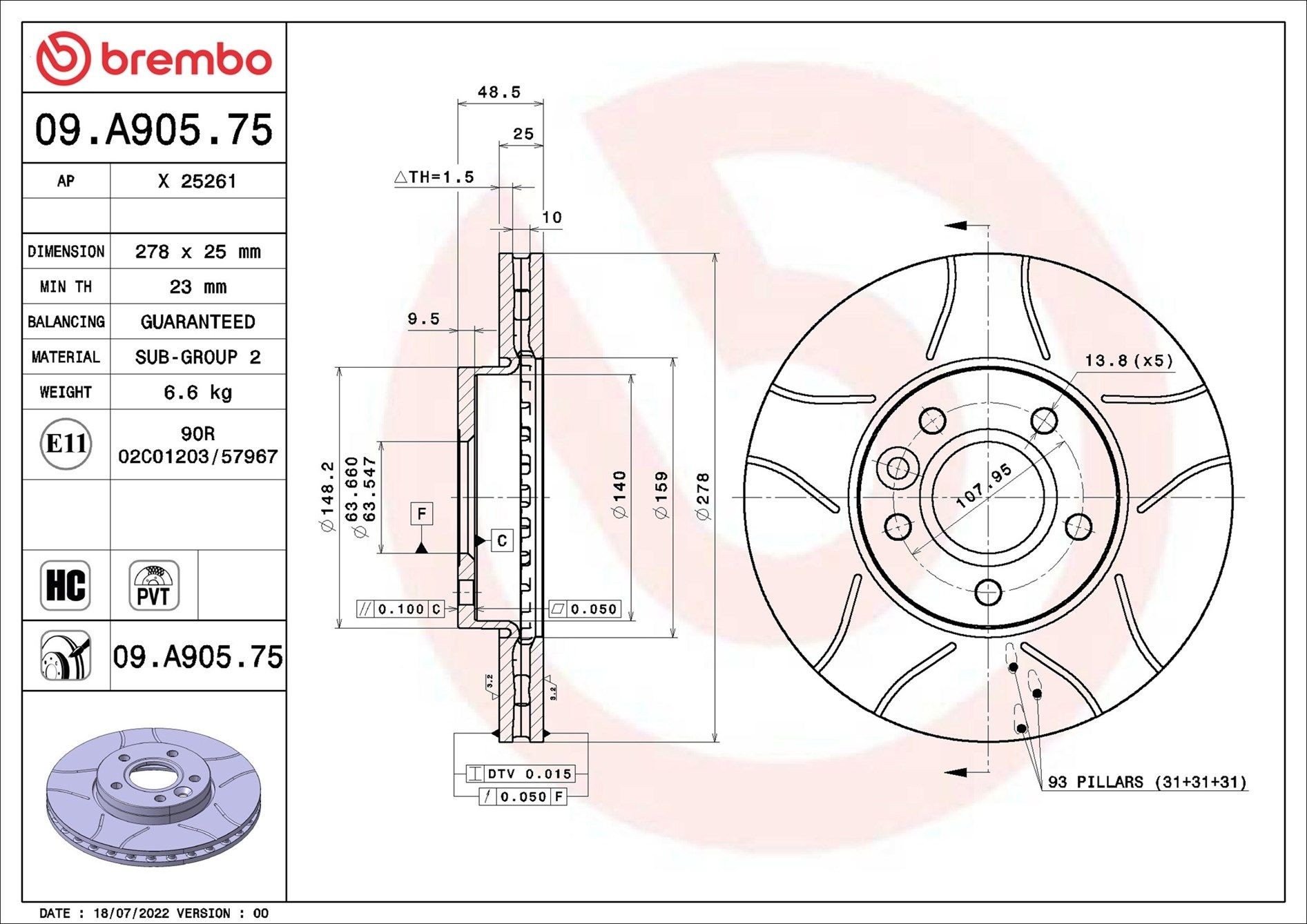 BREMBO Remschijf 09.A905.75 BREMBO 09.A905.75 Sportremschijven Ford Focus Mk3 Station Wagon prijs