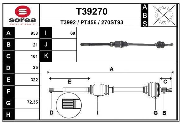 EAI Piedziņas vārpsta T39270 T39270 Pusasis PEUGEOT 806 EAI